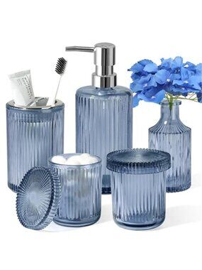 Blue Bathroom Accessories 5 Pcs, Glass Bathroom Accessory Set, Vintage Blue